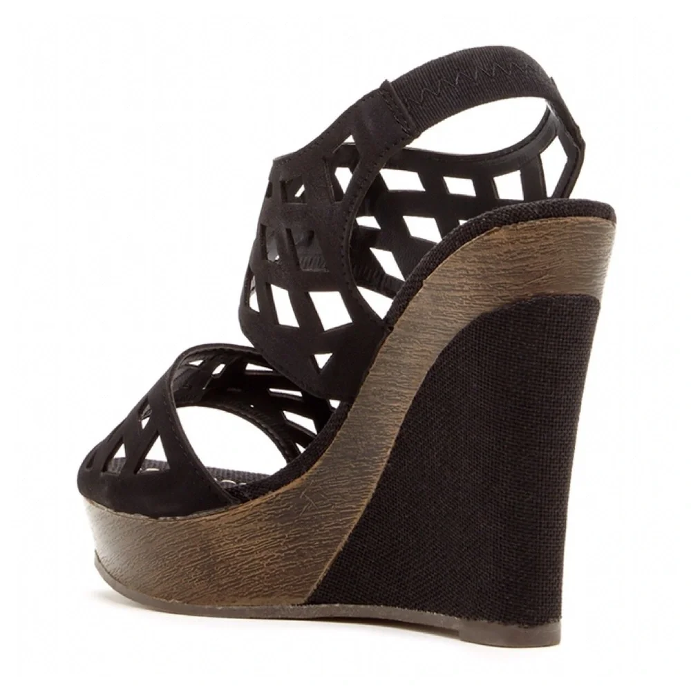 Bucco Serenas Wedge Sandal Black 9 Laser Cut Straw Heel Platform